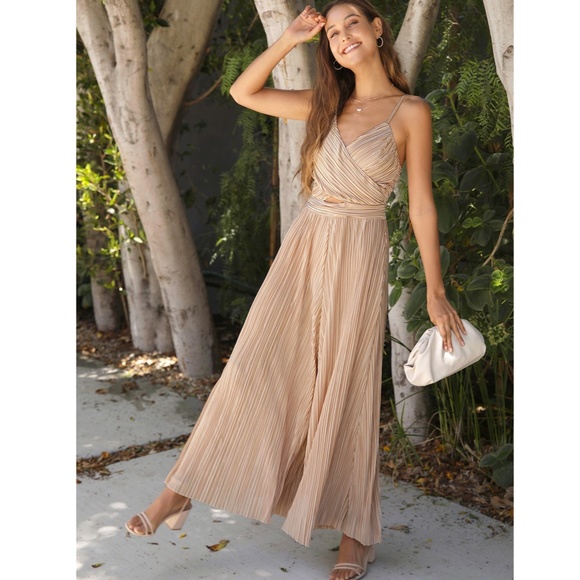 Pleated V-Neck Wide Leg Jumpsuit - Picture 2 of 8